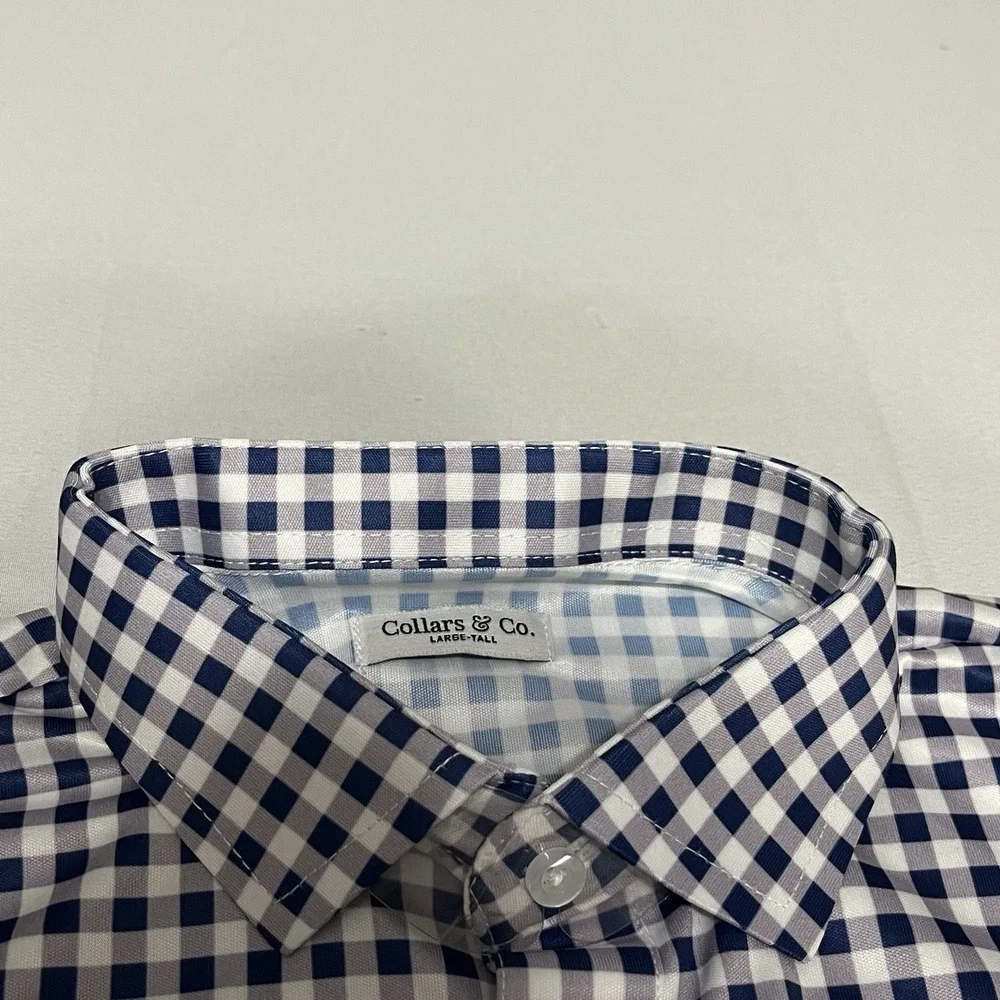 NWT Collars and Co Dress Collar Polo Shirt Mens LT TALL Navy Blue Gingham - Picture 4 of 7